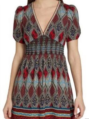 Alice + Olivia Tatiana Red Multi Geometric V-Neck Mini Dress